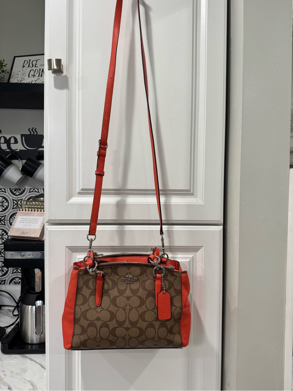 🤎COACH Mini Christie Carryall Signature Coated Canvas Khaki Coral Orange - Picture 12 of 16